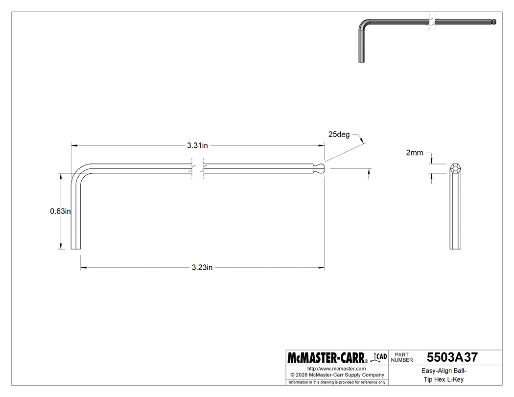 Technical Drawing of Alloy Steel Angled-Drive Ball-Tip Hex L-Key, Black Phosphate Coated, 2 mm Drive Size, 3-3/8" Overall Length .